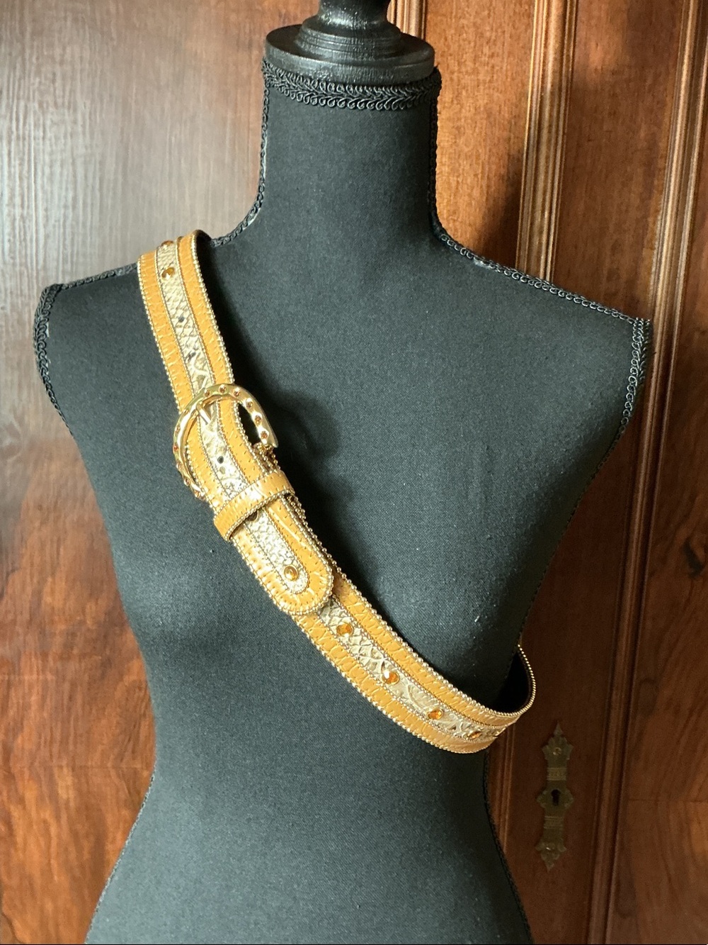 Women’s Studded Mustard Leather Belt with Gold-Tone Buckle